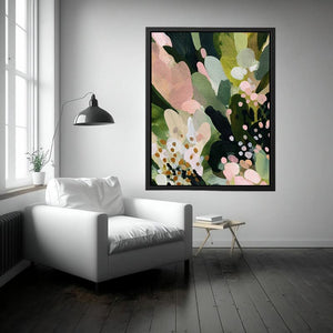 Sage green botanical canvas art with pink florals and leafy abstract details for bedroom decor.