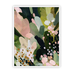 Sage green botanical canvas art with pink florals and leafy abstract details for bedroom decor.