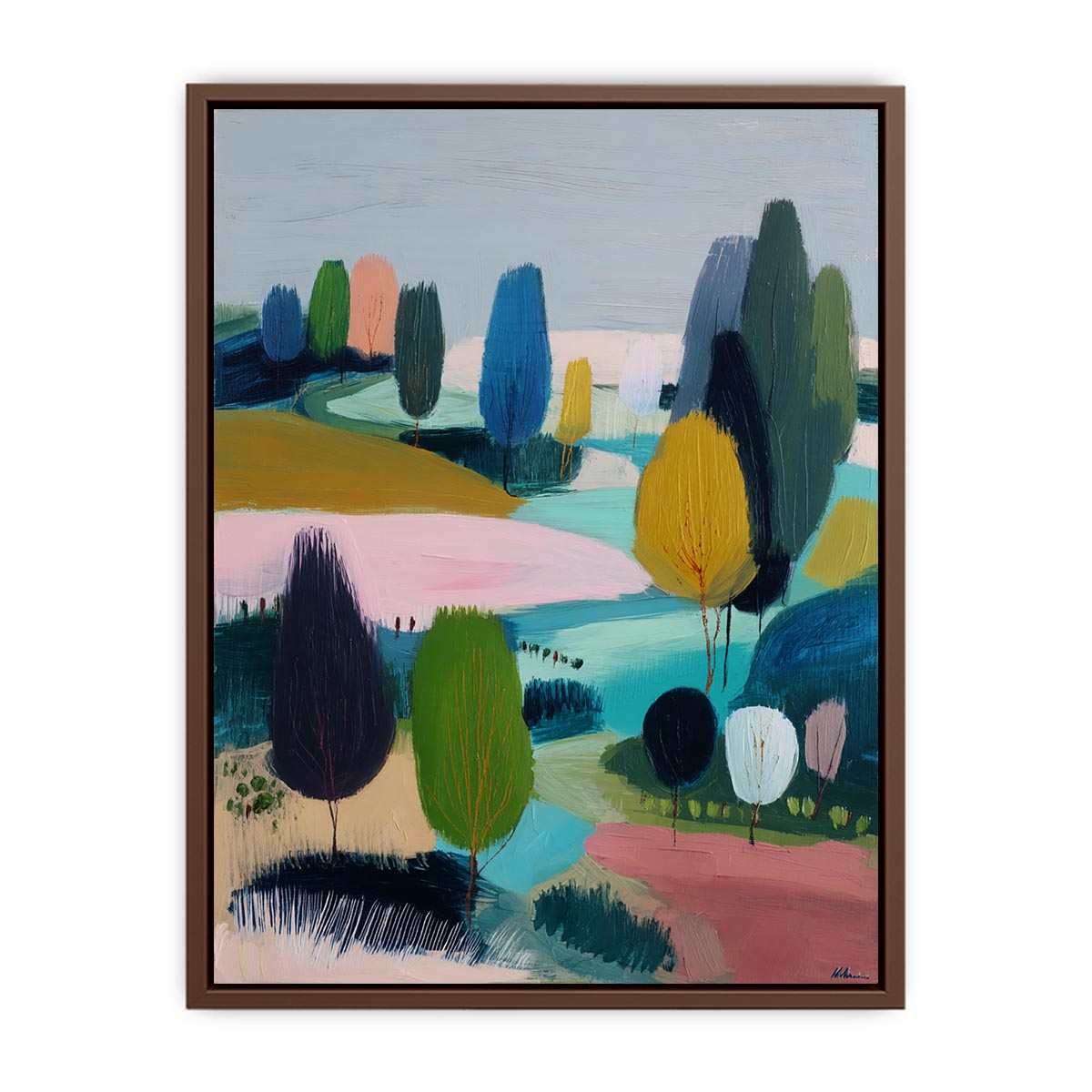 Modern abstract landscape canvas art with trees, river and soft blue green tones for living room decor.