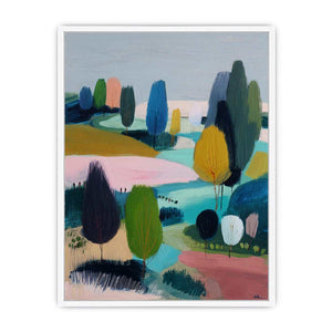 Modern abstract landscape canvas art with trees, river and soft blue green tones for living room decor.