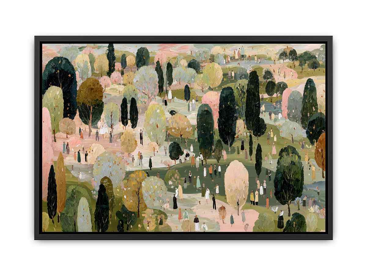 Wide pastel park landscape canvas art with trees and tiny figures for living room decor.