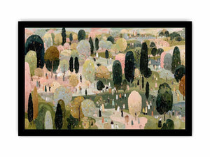 Wide pastel park landscape canvas art with trees and tiny figures for living room decor.