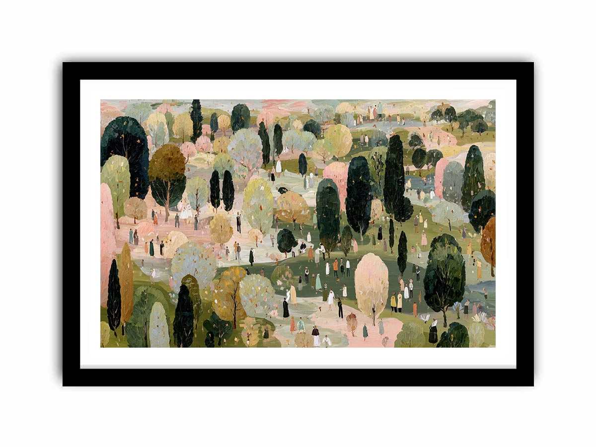 Wide pastel park landscape canvas art with trees and tiny figures for living room decor.
