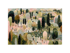 Wide pastel park landscape canvas art with trees and tiny figures for living room decor.