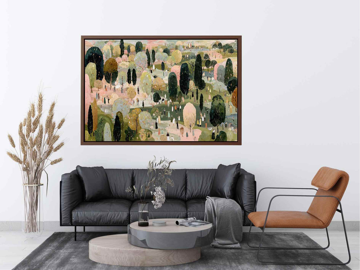 Wide pastel park landscape canvas art with trees and tiny figures for living room decor.