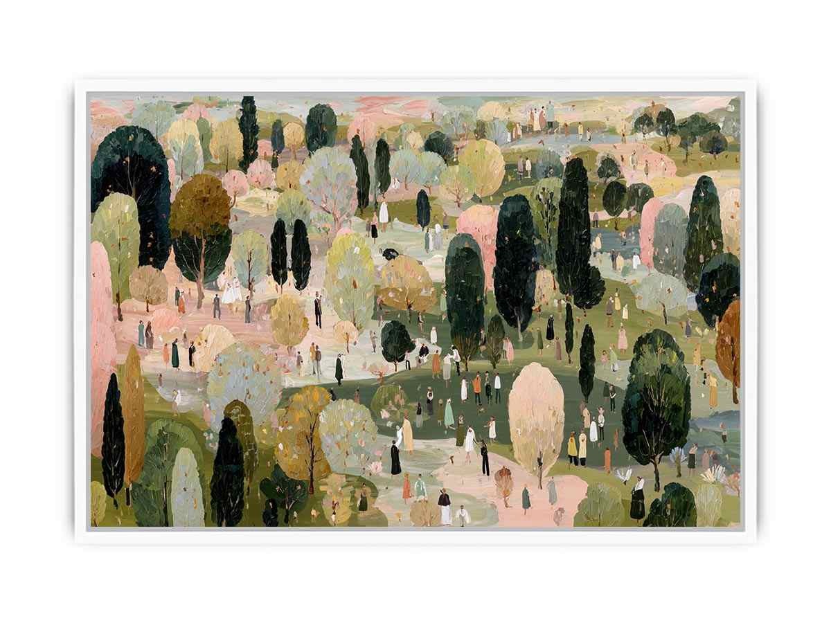 Wide pastel park landscape canvas art with trees and tiny figures for living room decor.