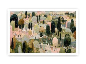 Wide pastel park landscape canvas art with trees and tiny figures for living room decor.