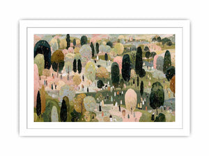 Wide pastel park landscape canvas art with trees and tiny figures for living room decor.