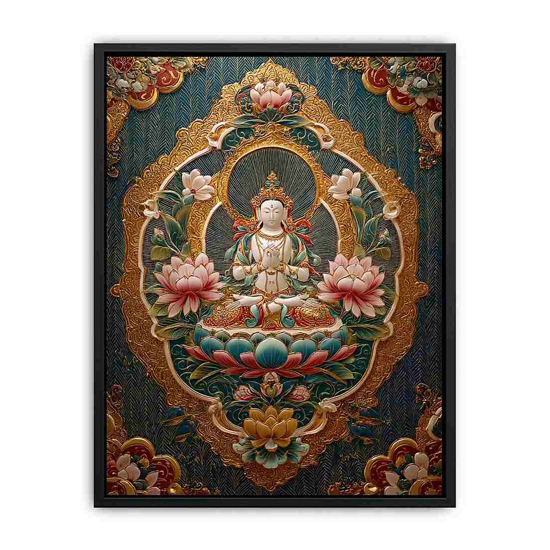 Ornate lotus Buddha canvas art with teal and gold details for spiritual luxury decor.