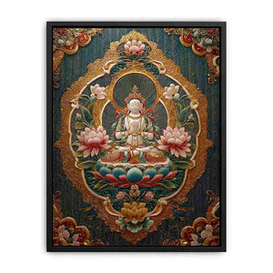 Ornate lotus Buddha canvas art with teal and gold details for spiritual luxury decor.