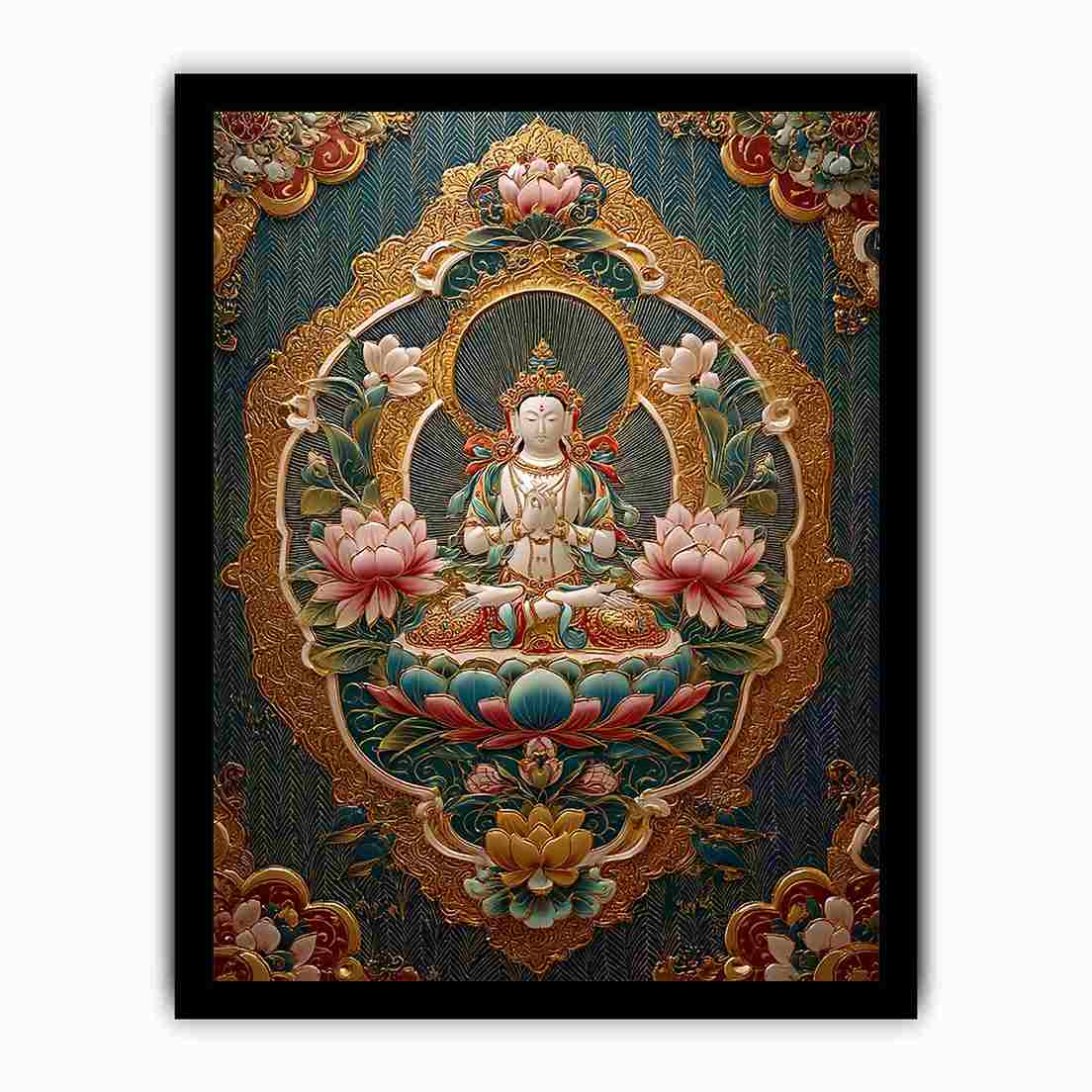 Ornate lotus Buddha canvas art with teal and gold details for spiritual luxury decor.