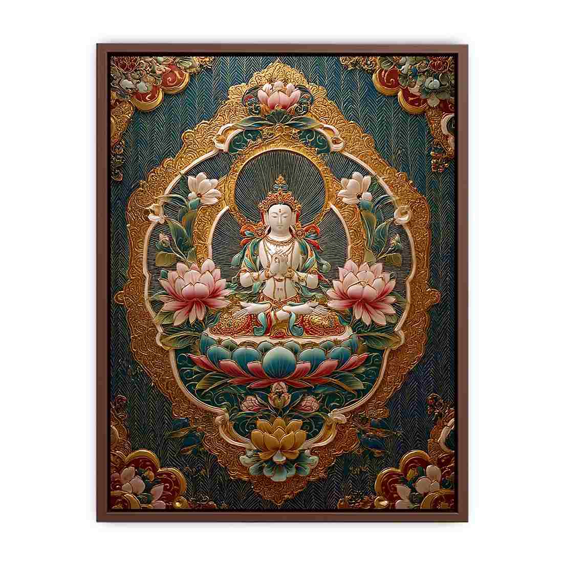 Ornate lotus Buddha canvas art with teal and gold details for spiritual luxury decor.