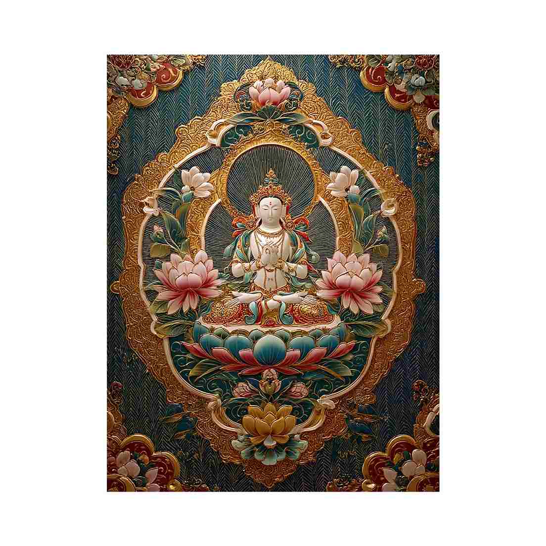 Ornate lotus Buddha canvas art with teal and gold details for spiritual luxury decor.