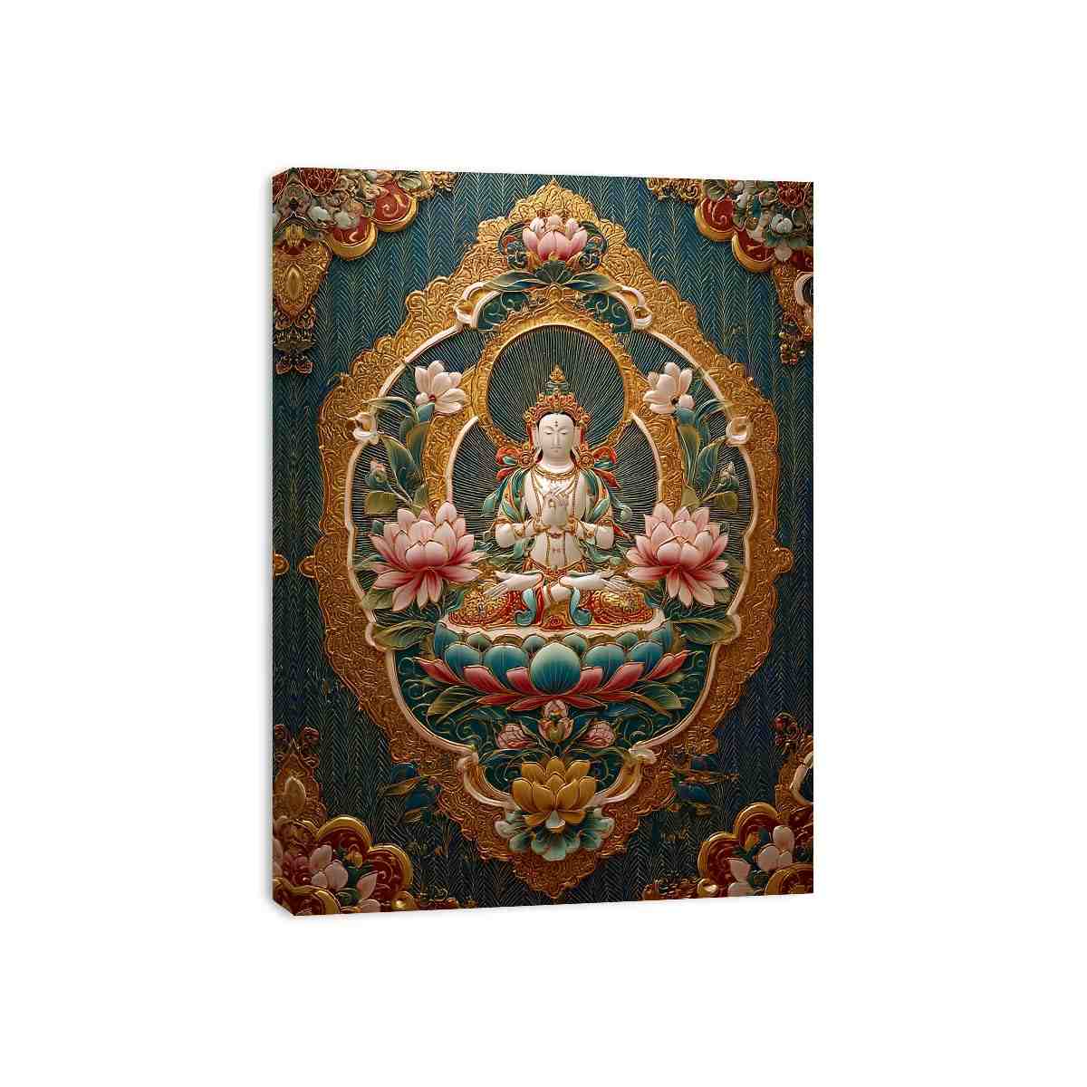 Ornate lotus Buddha canvas art with teal and gold details for spiritual luxury decor.
