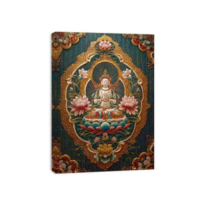 Ornate lotus Buddha canvas art with teal and gold details for spiritual luxury decor.