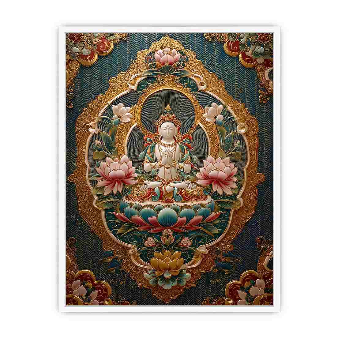Ornate lotus Buddha canvas art with teal and gold details for spiritual luxury decor.