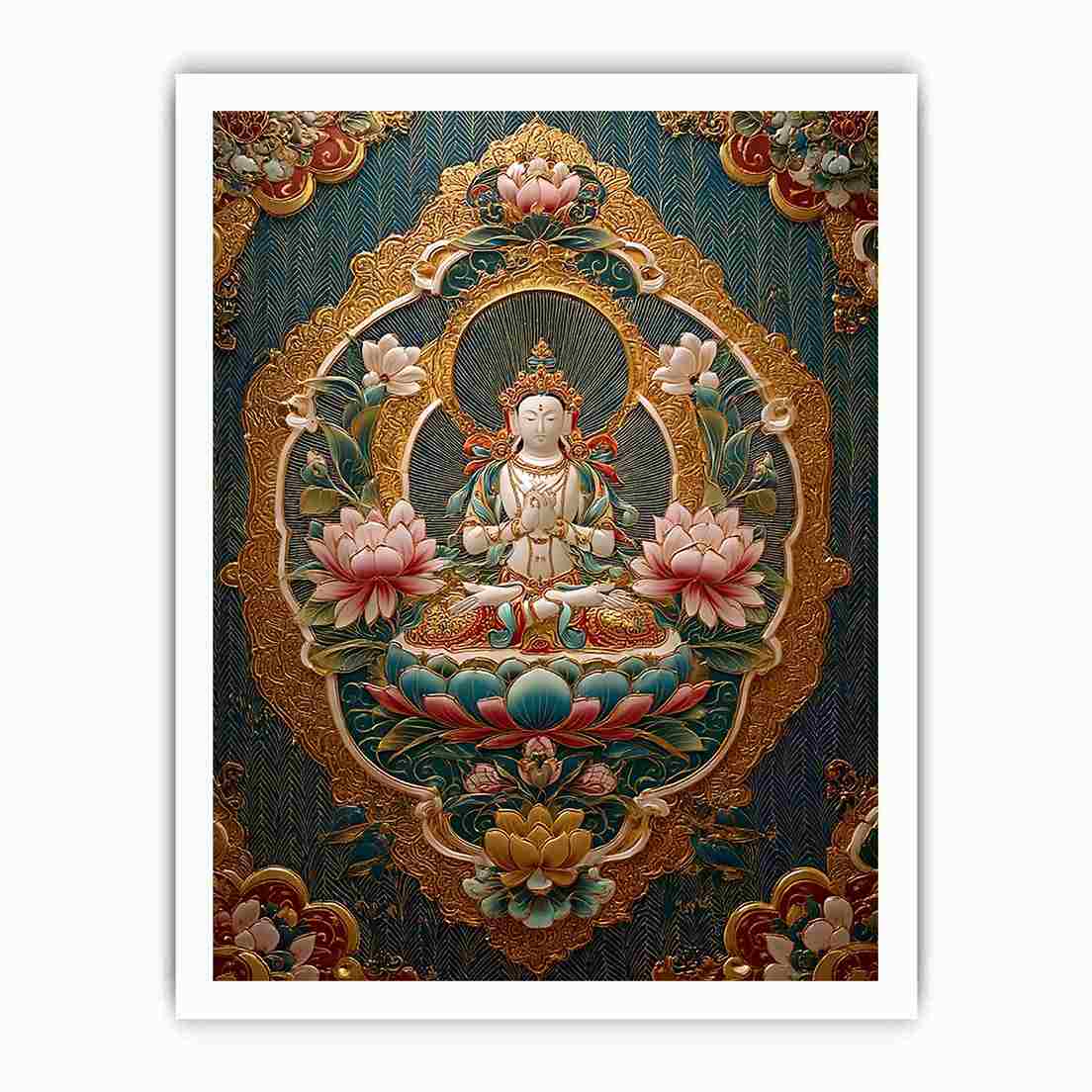 Ornate lotus Buddha canvas art with teal and gold details for spiritual luxury decor.