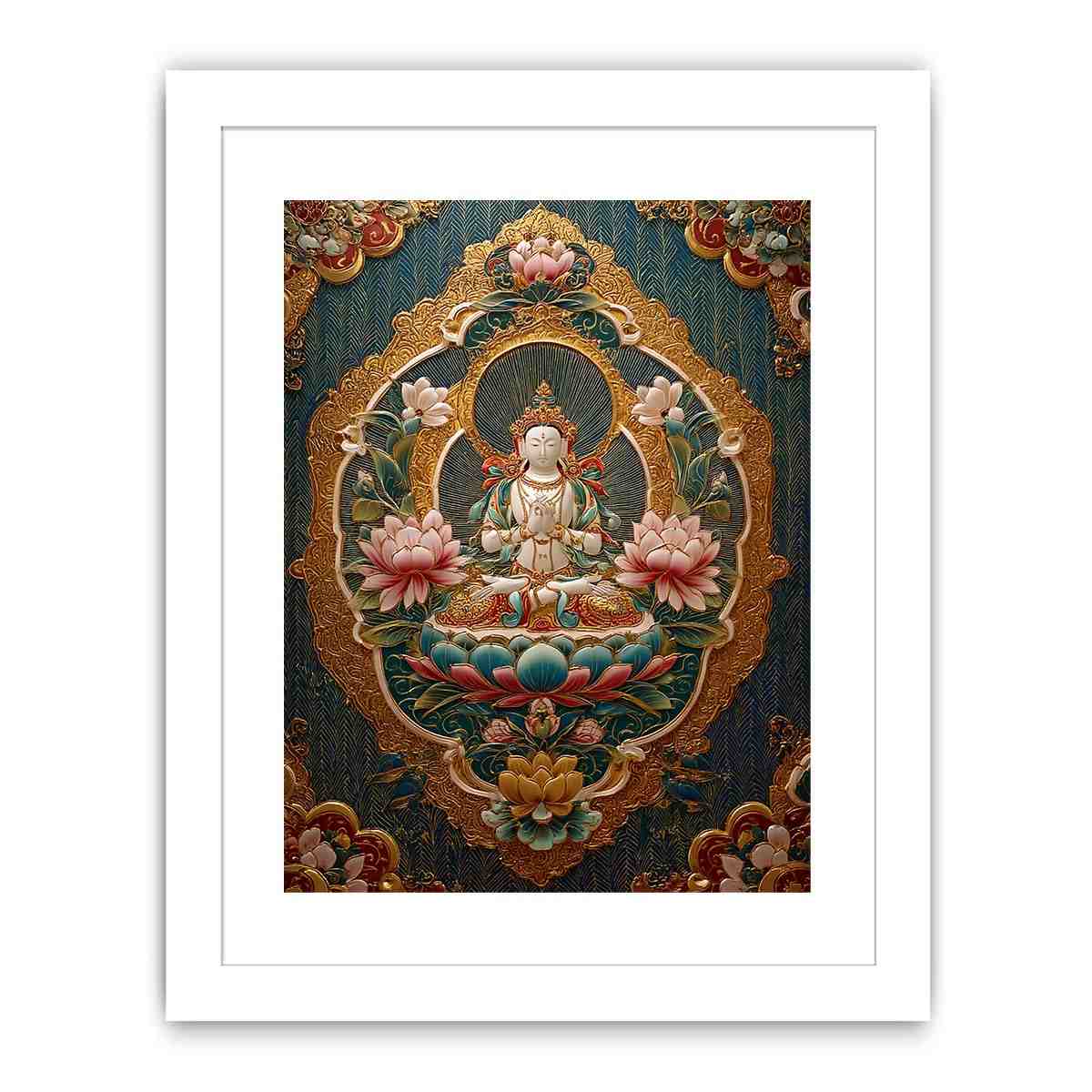 Ornate lotus Buddha canvas art with teal and gold details for spiritual luxury decor.