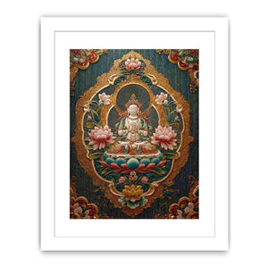 Ornate lotus Buddha canvas art with teal and gold details for spiritual luxury decor.