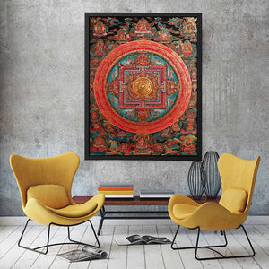 Ornate Tibetan mandala canvas art for meditation room and spiritual home decor.