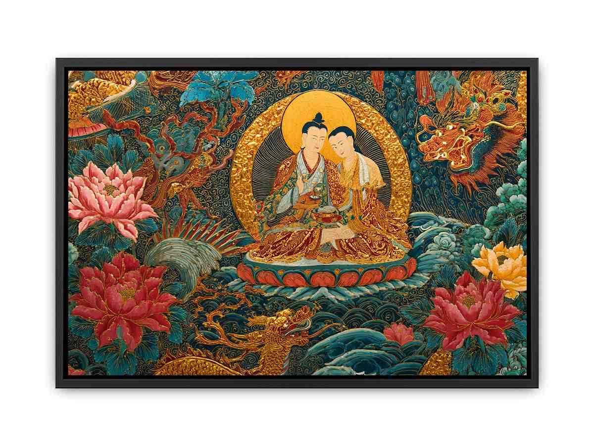 Tibetan spiritual couple canvas art with lotus flowers for peaceful living room decor.