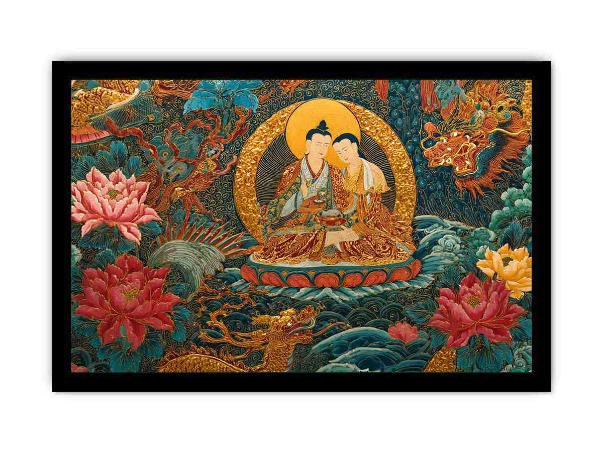 Tibetan spiritual couple canvas art with lotus flowers for peaceful living room decor.