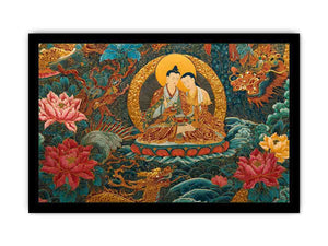 Tibetan spiritual couple canvas art with lotus flowers for peaceful living room decor.