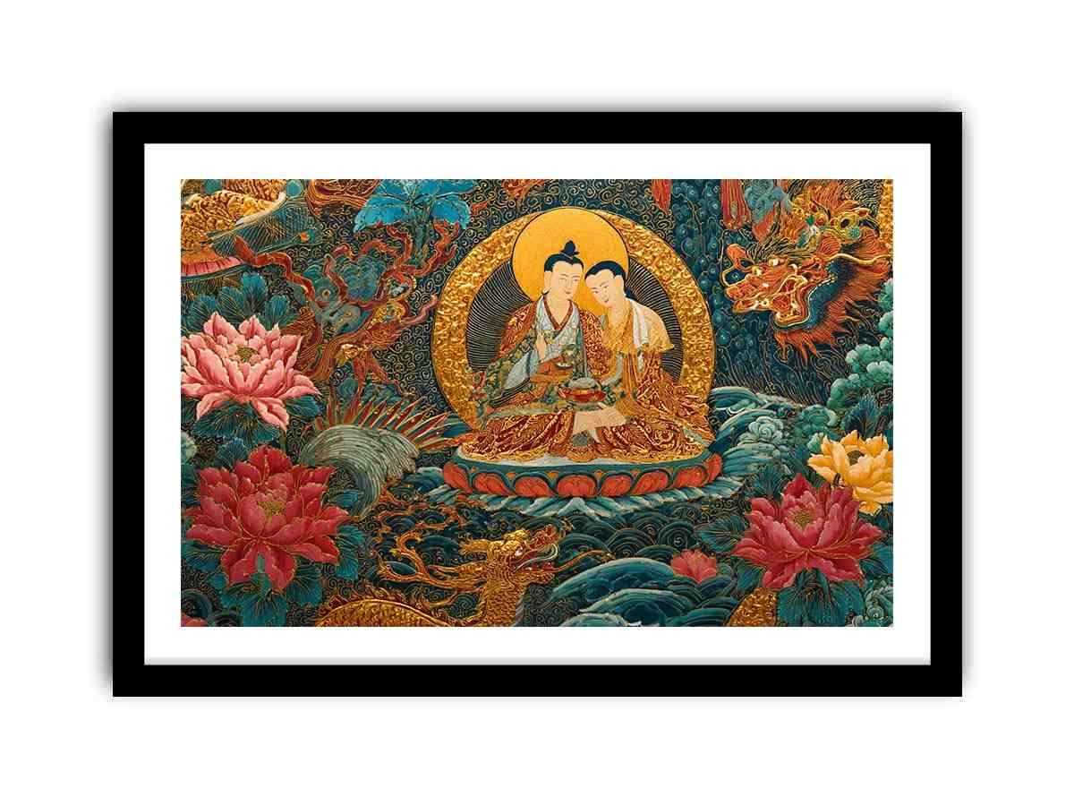Tibetan spiritual couple canvas art with lotus flowers for peaceful living room decor.