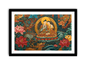 Tibetan spiritual couple canvas art with lotus flowers for peaceful living room decor.