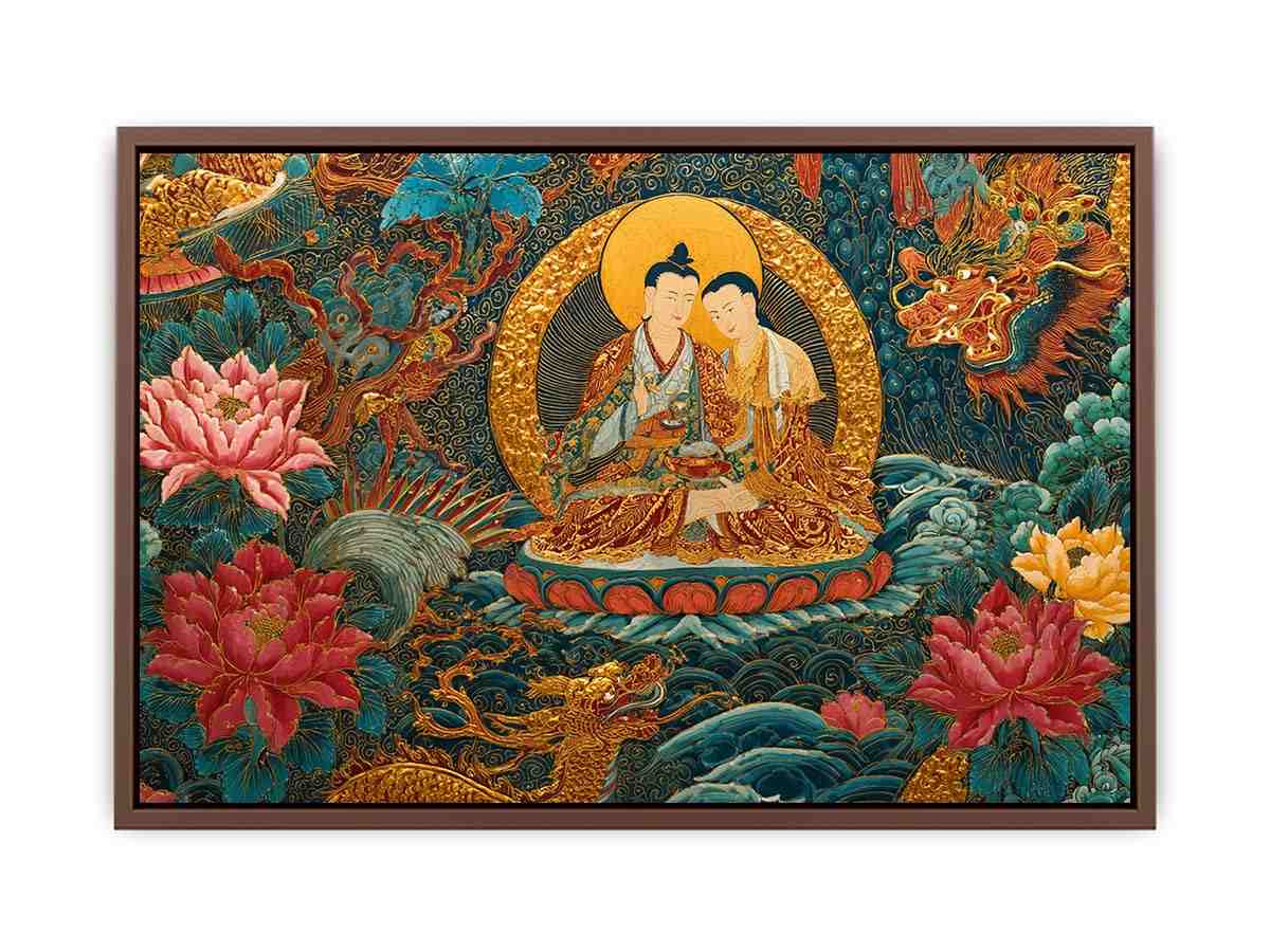 Tibetan spiritual couple canvas art with lotus flowers for peaceful living room decor.