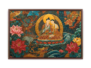 Tibetan spiritual couple canvas art with lotus flowers for peaceful living room decor.