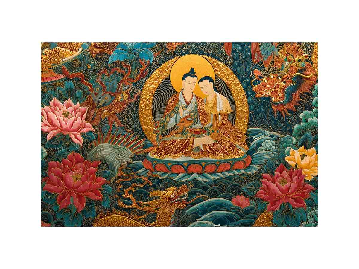 Tibetan spiritual couple canvas art with lotus flowers for peaceful living room decor.