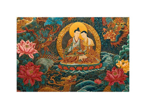 Tibetan spiritual couple canvas art with lotus flowers for peaceful living room decor.