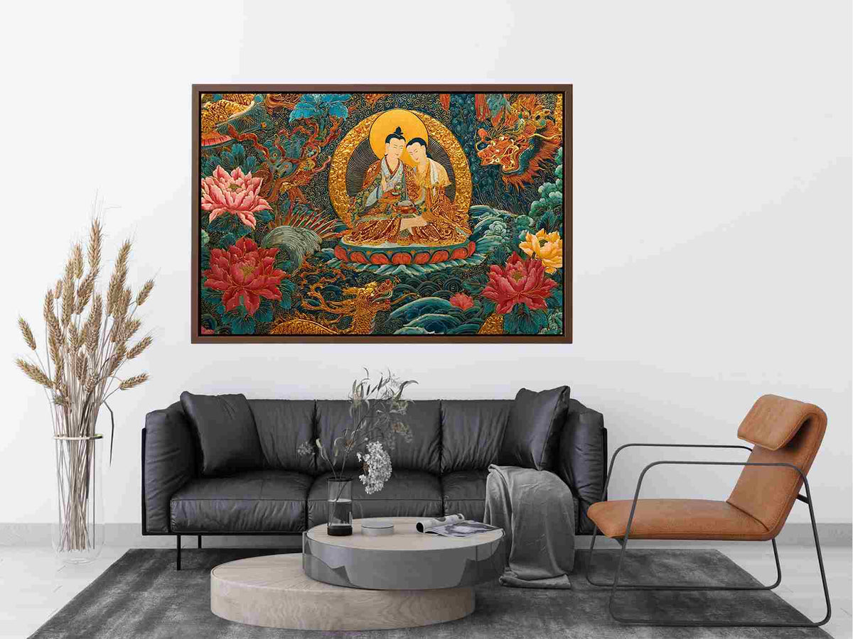 Tibetan spiritual couple canvas art with lotus flowers for peaceful living room decor.
