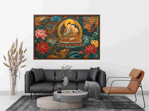 Tibetan spiritual couple canvas art with lotus flowers for peaceful living room decor.