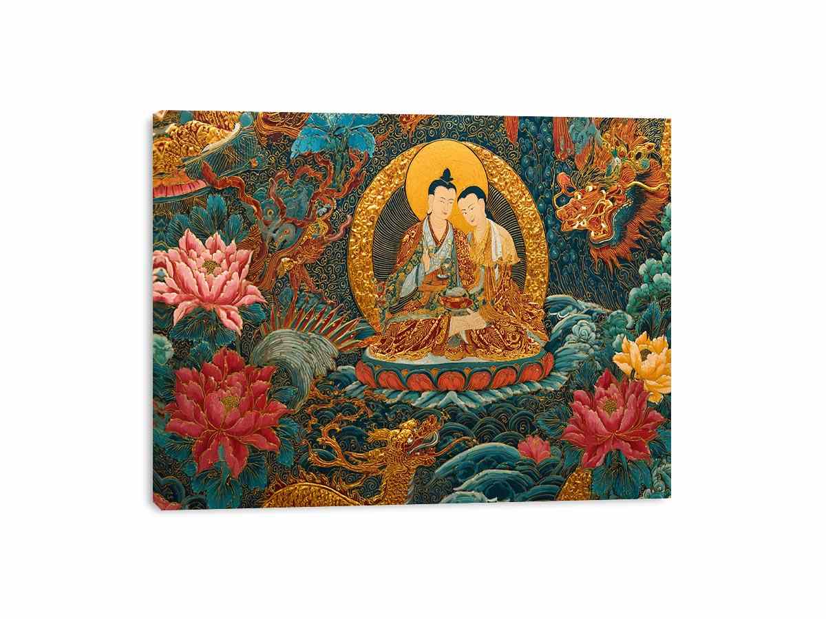Tibetan spiritual couple canvas art with lotus flowers for peaceful living room decor.