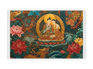 Tibetan spiritual couple canvas art with lotus flowers for peaceful living room decor.