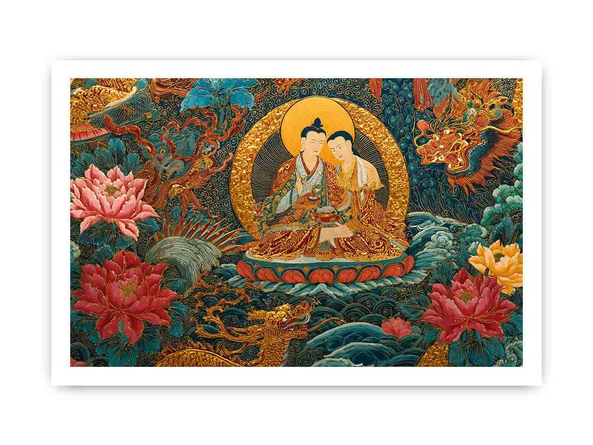 Tibetan spiritual couple canvas art with lotus flowers for peaceful living room decor.