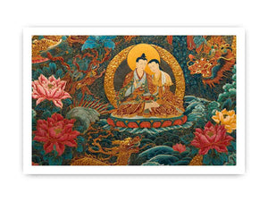 Tibetan spiritual couple canvas art with lotus flowers for peaceful living room decor.