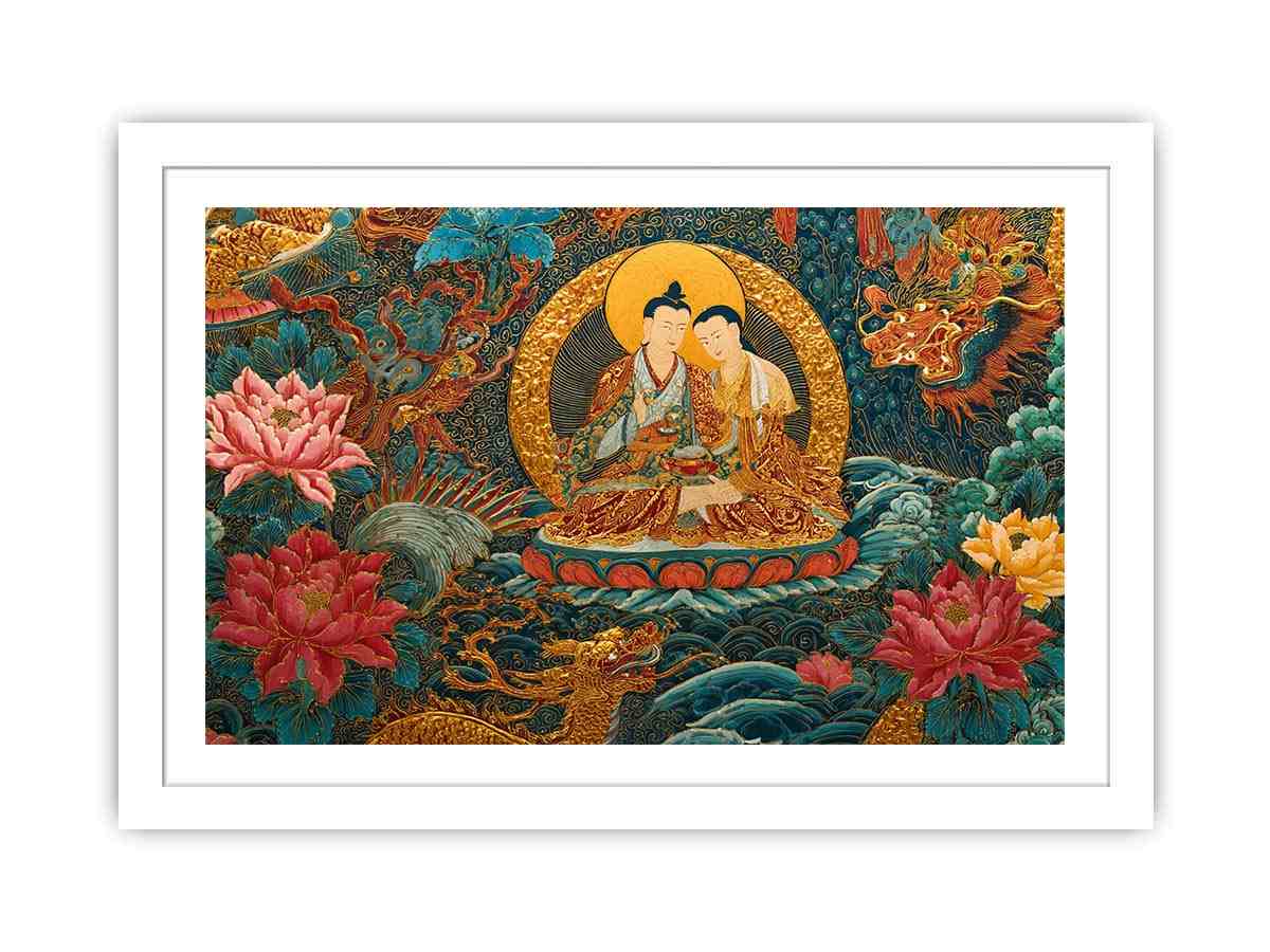 Tibetan spiritual couple canvas art with lotus flowers for peaceful living room decor.