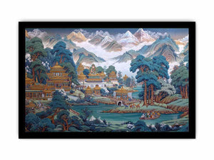 Himalayan temple landscape canvas art with mountains and river for serene decor.