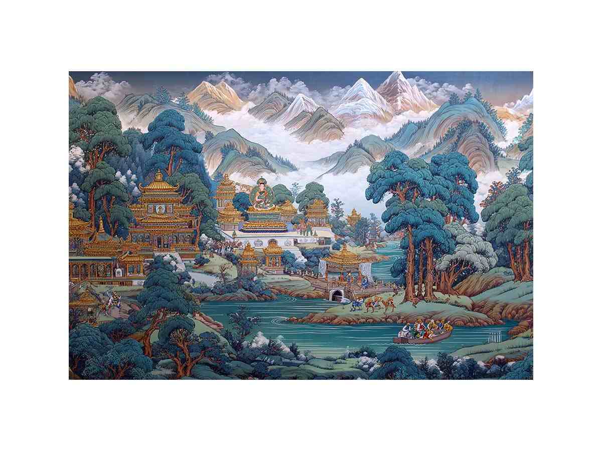 Himalayan temple landscape canvas art with mountains and river for serene decor.