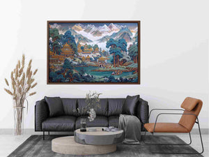 Himalayan temple landscape canvas art with mountains and river for serene decor.