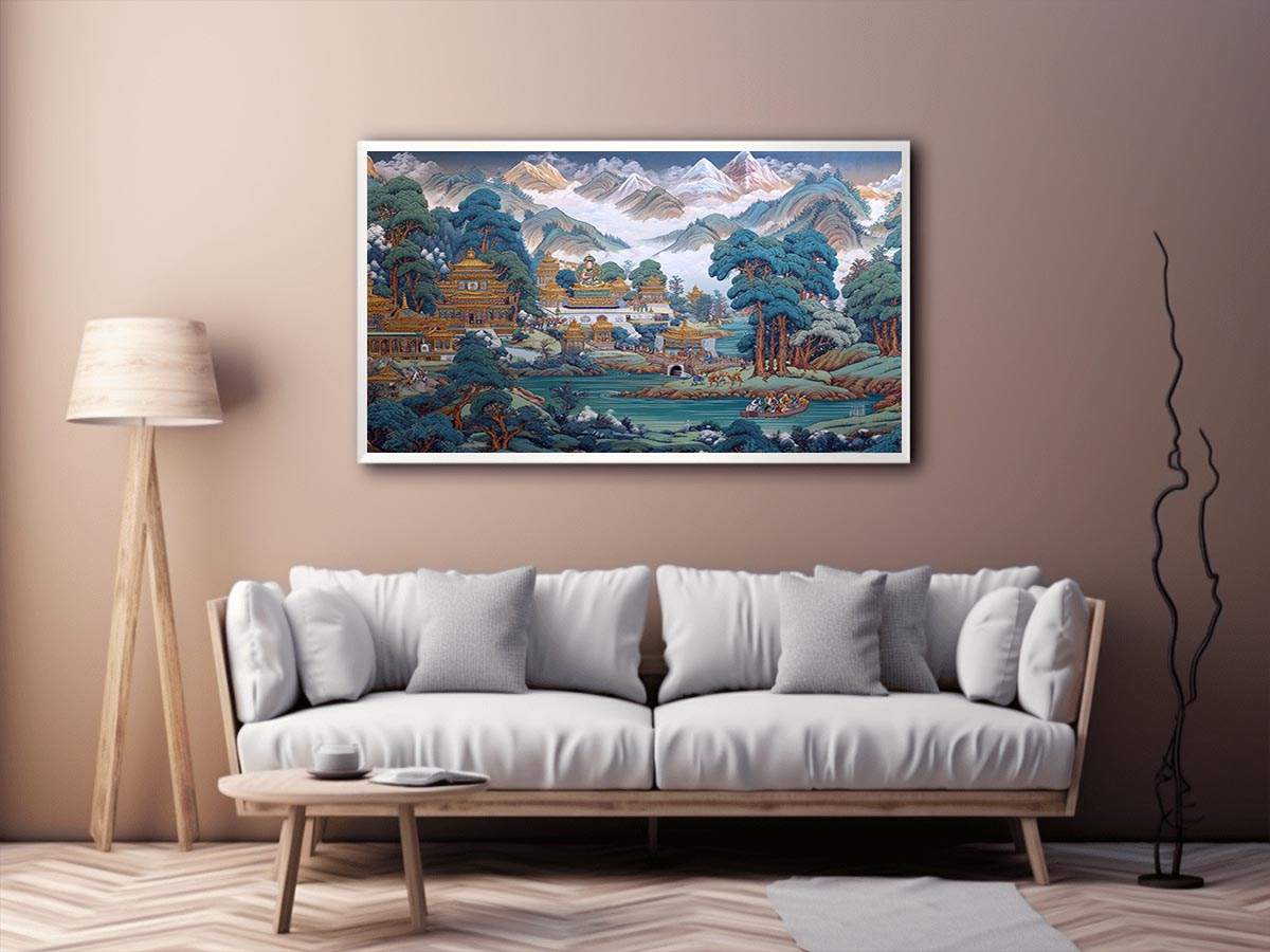 Himalayan temple landscape canvas art with mountains and river for serene decor.
