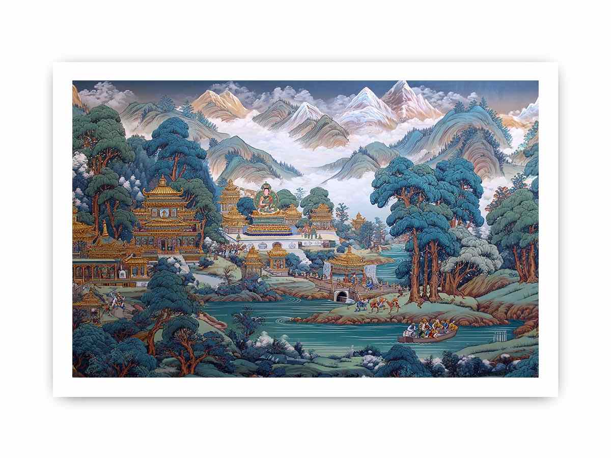 Himalayan temple landscape canvas art with mountains and river for serene decor.