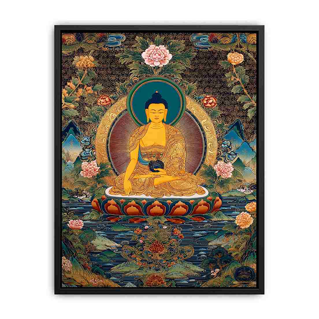 Golden Buddha canvas art with lotus flowers for serene meditation room decor.