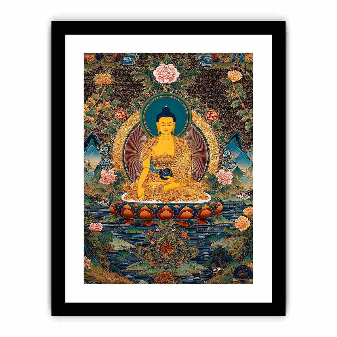 Golden Buddha canvas art with lotus flowers for serene meditation room decor.