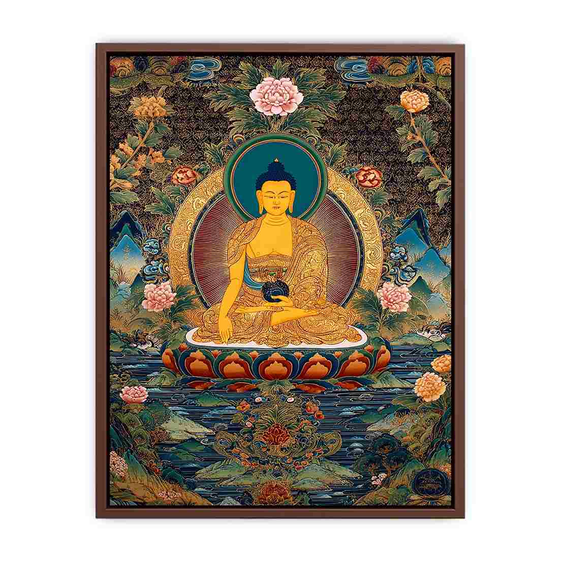 Golden Buddha canvas art with lotus flowers for serene meditation room decor.