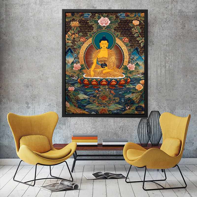 Golden Buddha canvas art with lotus flowers for serene meditation room decor.