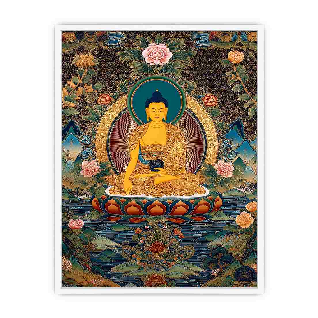 Golden Buddha canvas art with lotus flowers for serene meditation room decor.